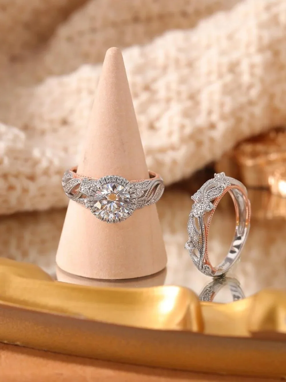 Elegant 4 Carat Rose Gold & Silver Halo Engagement & Wedding Ring Set